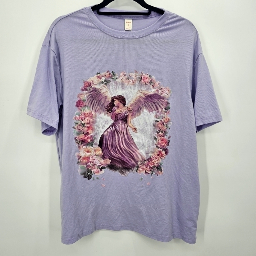 ROMWE Lavender Angel Graphic‎ Tee – Oversized Floral T-Shirt, Size S